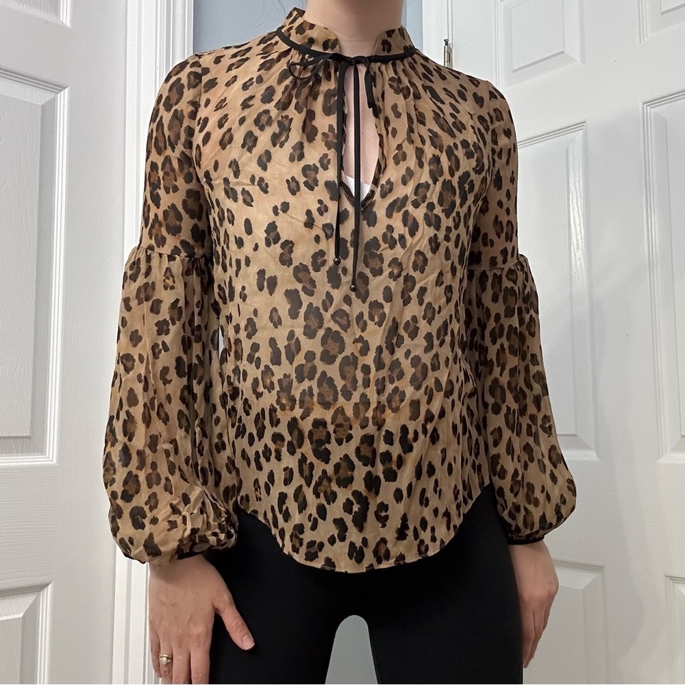 Veronica Beard Blouse Leopard Print Animal Silk Dainty Brown Work Sheer Size 00